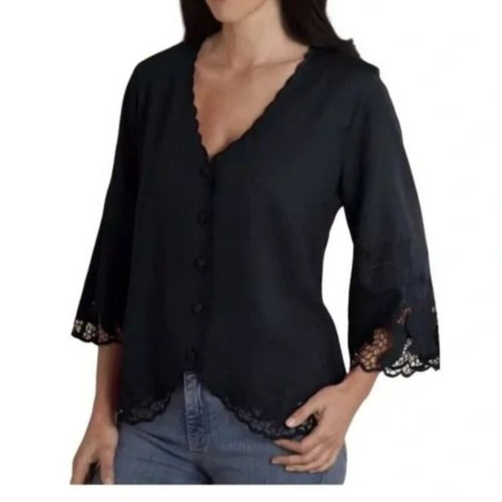 Soft Surroundings black lace top scallop edge 3/4 sleeve Sz S boho whimsigoth